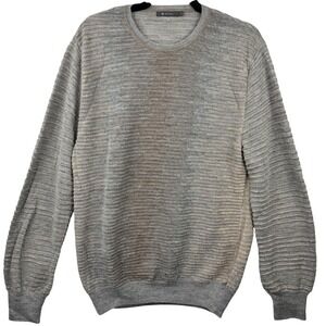 Sol Sweater Mens Large‎ Grey Tan 100% Baby Alpaca Ribbed Crew Neck Peru Luxury